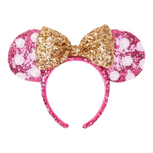 Hot Pink And Gold Minnie Mouse Polka Dot Sequined Ears - Picture 1 of 5